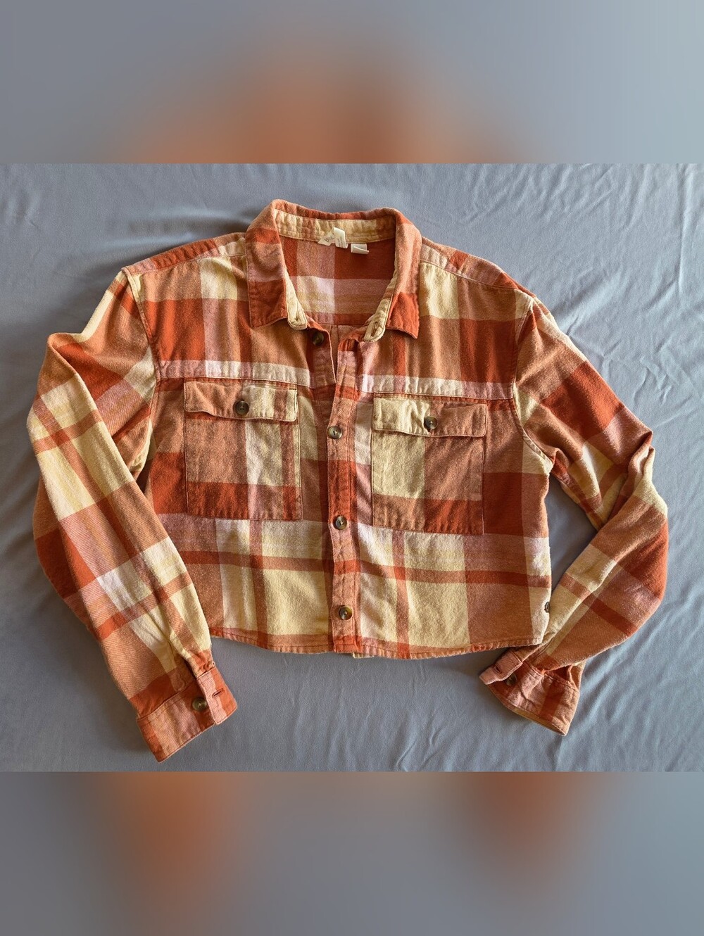 Roxy Both Ways Orange and Beige Plaid Cropped Flannel M